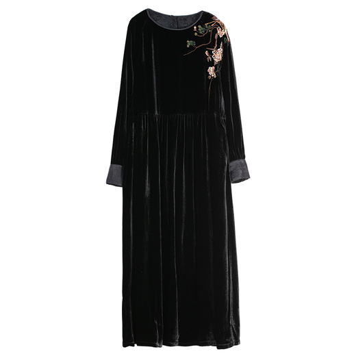 牧衣游原创 丝绒精工手绣连衣裙女新品宽松圆领复古文艺长裙 高绿 商品图4