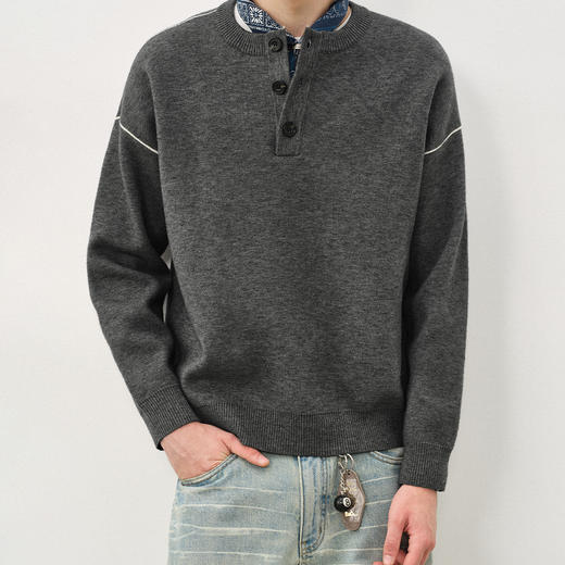 714street高密抗起球亨利领毛衣男2025秋冬季落肩宽松针织衫上衣 商品图1