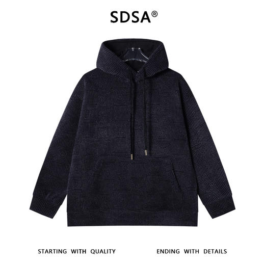 WY1154SDSA男士秋冬新款痞帅男装潮牌绒毛几何方块暗纹提花抽绳连帽卫衣 商品图1