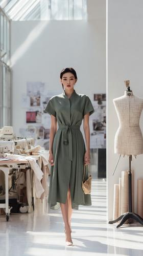 XL 气质女人范大摆连衣裙（附腰带）