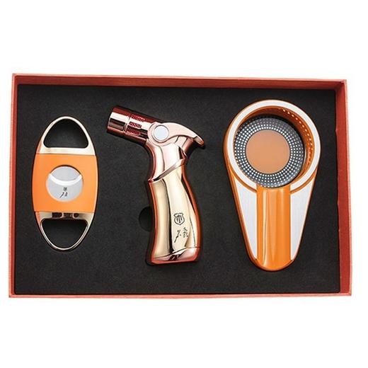 雪茄剪刀防风直冲雪茄打火机三合一套装雪茄烟灰缸三件套 商品图0