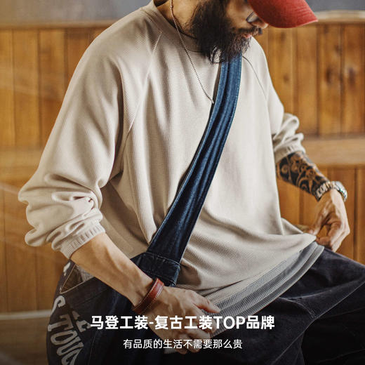 马登工装美式休闲华夫格重磅长袖卫衣插肩袖垂感宽松日系外套男秋 商品图4