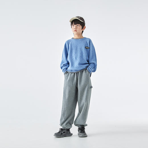 蓝汽水25年冬季新款亲子中大男童分割拼接卫裤绒感保暖纯色束脚裤 商品图1