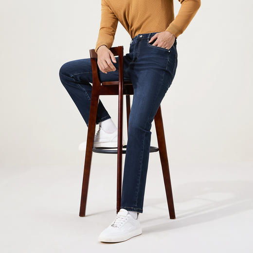 【火山岩】柒牌牛仔长裤秋冬保暖男士弹力中腰直筒裤子休闲男装129H71470 商品图1