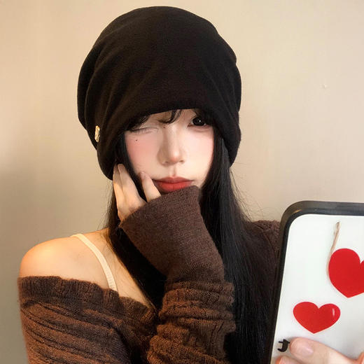 【秋冬季黑色包头堆堆帽子】金属小标慵懒风 高级感大头围显脸小冷帽 国庆出游 商品图2