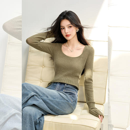 西遇圆领软糯针织毛衣女秋季新款绿色内搭长袖修身打底衫SS051480 商品图0