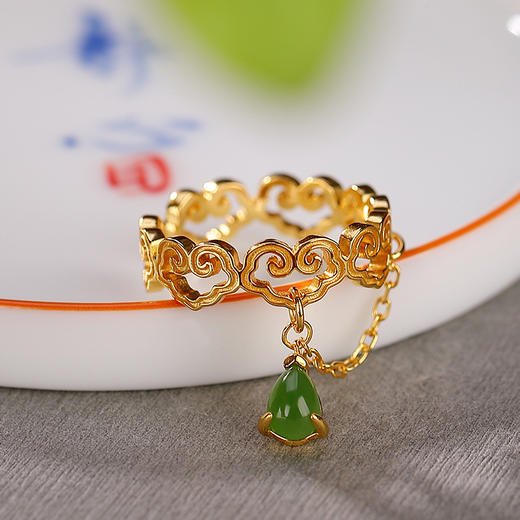 S925纯银镀金和田玉碧玉，如意水滴ins风链条戒指指环CW-JZ05512 商品图2