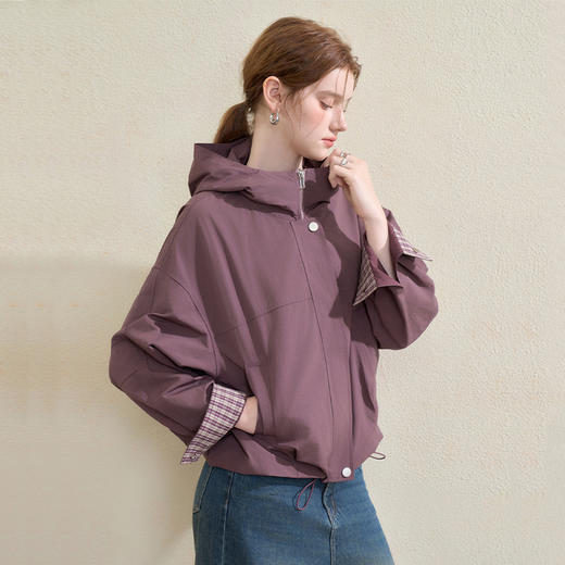 西遇韩系格纹拼接连帽外套女秋季宽松显瘦休闲百搭短款上衣V3151248 商品图0