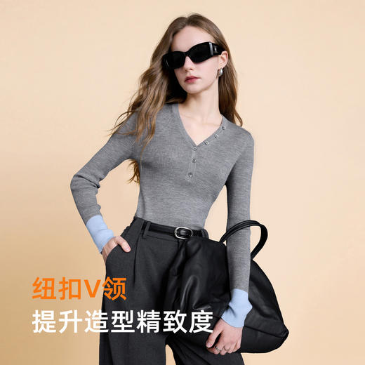 【100绵羊毛】三彩2025冬季新款修身针织衫V领打底衫简约套头M 商品图2