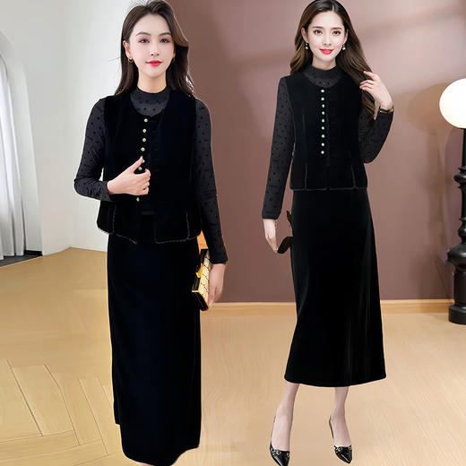 QYM 26806-Y新中式国风金丝绒马甲搭配连衣裙两件套 商品图0