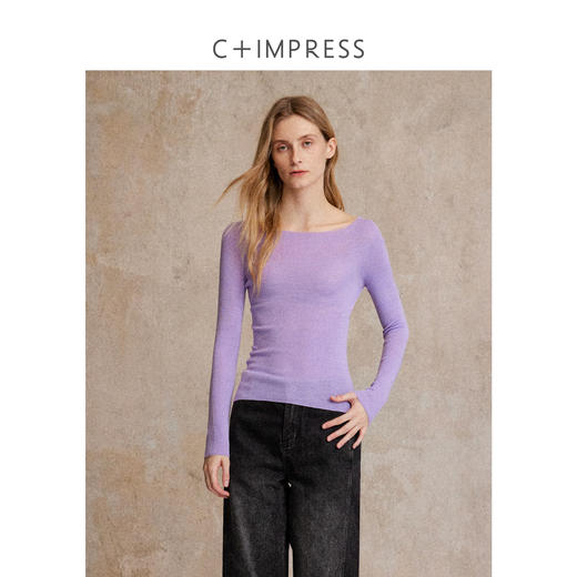 C+IMPRESS/西嘉精纺羊毛可机洗18针一体成型简约一字肩针织衫女秋 商品图0