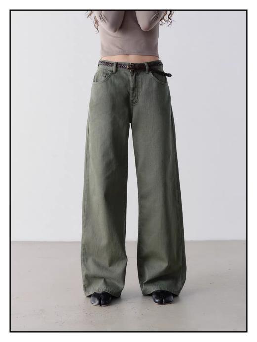 shyshystill/shy202506001/水洗墨绿色调怀旧休闲阔腿牛仔长裤 商品图4