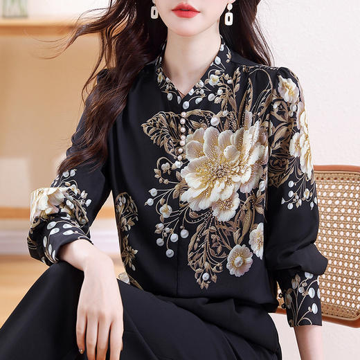 KQL C22N90223印花长袖洋气遮肚子衬衣上衣 商品图1