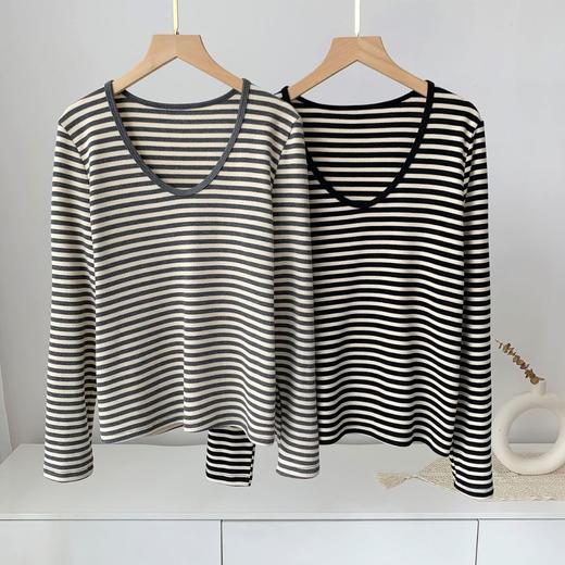 【169元2件】女士针织棉条纹V领T恤薄打底衫单穿底衫【FF25805】 商品图1