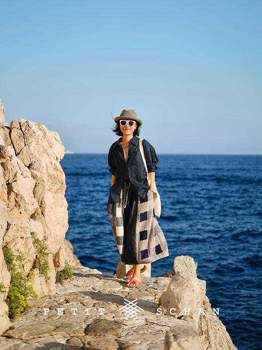 PETIT SCHAN小闪 CLO#903 Gleanings 拾遗 亚麻棉格纹拼接抽绳松紧腰半裙 商品图2