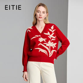 EITIE爱特爱V 领套头长袖撞色花朵提花图案羊毛针织衫8401109