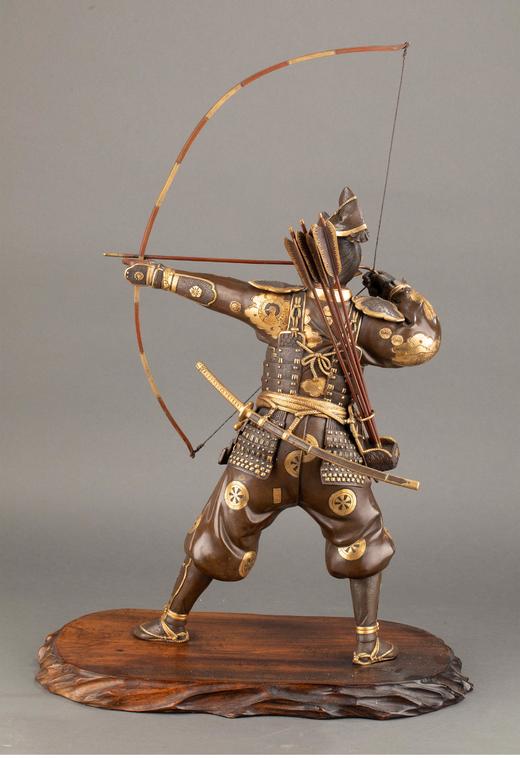 独角鹿西洋古董日本古董硬木底座装饰铜鎏金赤铜精雕弯弓武士造型人物雕塑古董摆件一对 商品图4