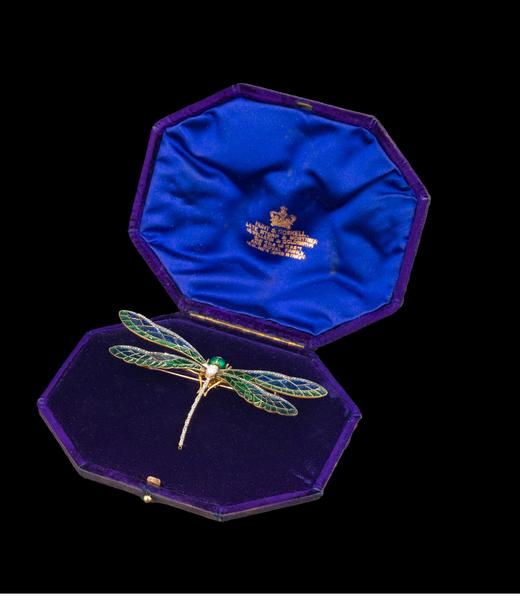 独角鹿西洋古董法国珠宝巧匠Gaston Lafitte出品新艺术风格蜻蜓造型18K黄金铂金镶嵌钻石空窗珐琅En Tremblant颤动式胸针 商品图1