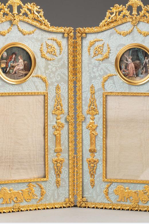 独角鹿西洋古董法国出品路易十六风格天使繁花纹铜鎏金精雕嵌古典人物主题细密画装饰天蓝色天鹅绒双子相框 商品图3