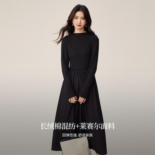 【09/10新品】熙世界配大衣赫本风天丝连衣裙女秋季收腰显瘦长袖拼接黑色长裙子 商品图2