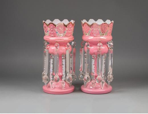 独角鹿西洋古董法国出品花卉主题手绘描金装饰粉色菠萝樽造型水晶流苏烛台一对 商品图0