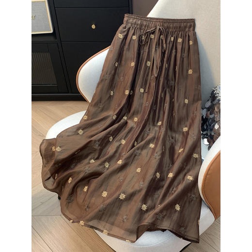 百媚生 文艺刺绣简约双层半身裙松紧腰抽绳A字裙子8967 文艺刺绣简约双层半身裙松紧腰抽绳A字裙子8967 商品图3