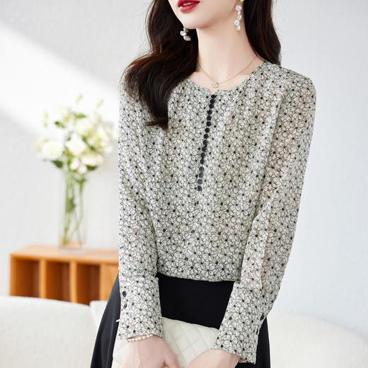 丁摩碎花真丝衬衫女新款圆领双绉长袖印花洋气双绉桑蚕丝上衣AL56033 商品图1