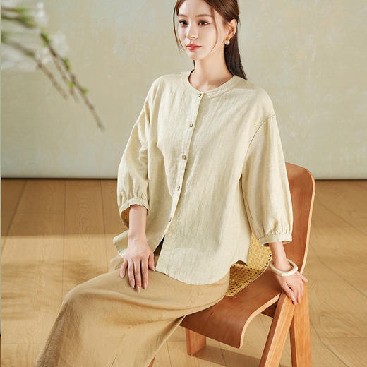 百媚生 苎麻棉女装七分袖女衬衫休闲文艺上衣宽松外搭开衫TDB-23 商品图4