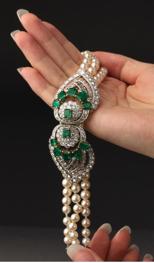 独角鹿西洋古董法国顶级珠宝品牌卡地亚出品18K黄金铂金镶嵌祖母绿钻石及珍珠可拆卸式手链/双胸针 商品图3
