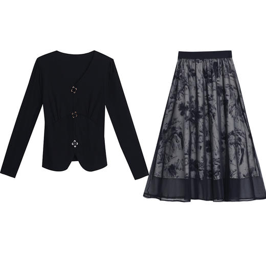 雀说黑色碎花连衣裙新款小香风气质长袖小个子时尚两件套AL2373 商品图4