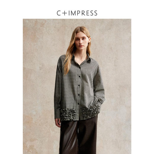 C+IMPRESS/西嘉天丝醋酸提花格纹长袖衬衫木耳边设计感慵懒风上衣 商品图0