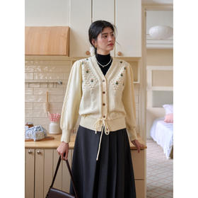 SimpleRetro法式复古V领泡泡袖毛衣针织开衫