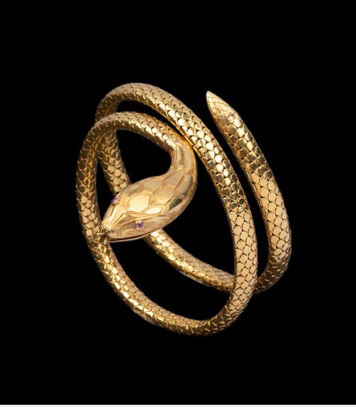 独角鹿西洋古董英国出品黄金镶嵌红宝石编织纹理灵蛇造型手镯 商品图0