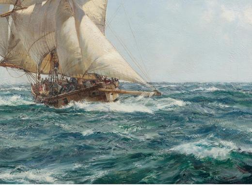 独角鹿西洋古董英国著名画家Montague Dawson签名创作海洋艺术主题布面油画《舰队信使》 商品图3