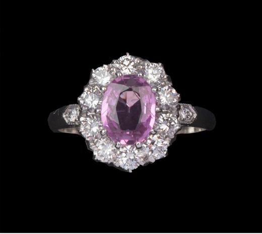 独角鹿西洋古董欧洲出品玛格丽特款花叶造型铂金镶嵌粉色蓝宝石及钻石戒指 商品图0