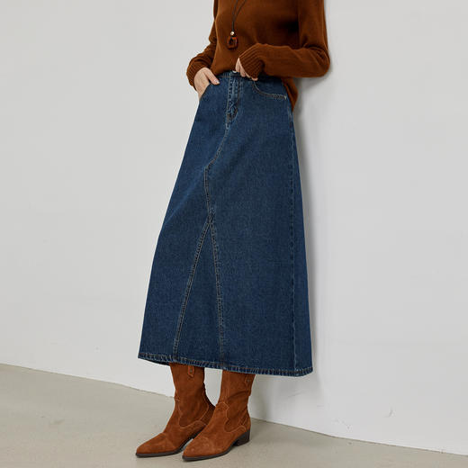 【09/10新品】熙世界丹宁复古分割设计牛仔裙女2025秋季新款高腰显瘦A字半身裙 商品图4
