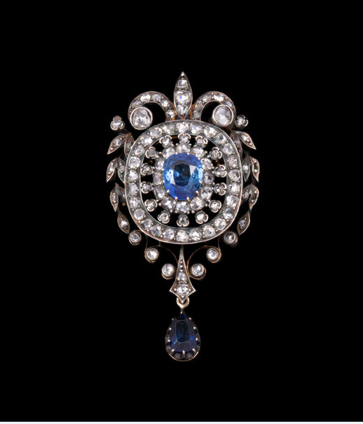 独角鹿西洋古董欧洲出品花叶吊坠造型黄金底纯银镶嵌钻石及蓝宝石胸针 商品图0