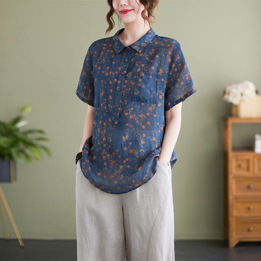 雀说显瘦立领棉麻小碎花衬衫短袖翻领气质小个子苎麻文艺上衣AL6029 商品图1