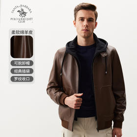 【大都会店】圣大保罗 男士柔软绵羊皮，可脱卸针织帽，防风罗纹运动时尚皮衣-PW21WJ726M