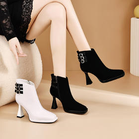 D01-062025秋冬新款真皮方头防水台粗跟短靴女厚底气质皮带扣高跟马丁靴