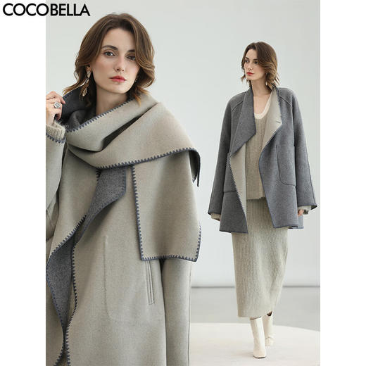 COCOBELLA两面穿手工羊毛大衣围巾套装中长款毛呢外套WL3221 商品图0