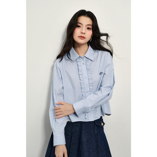 【商场同款】诗凡黎蓝色翻领条纹衬衫2025春新款衬衣女3G3120751R 商品图0
