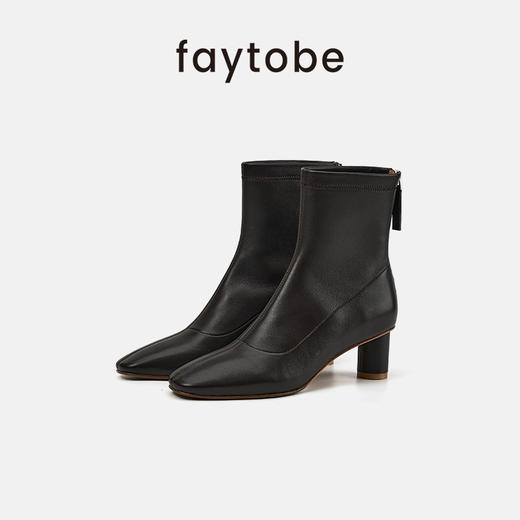 faytobe羊皮弹力靴秋冬新款休闲百搭中筒高跟短靴女极简靴子 商品图2