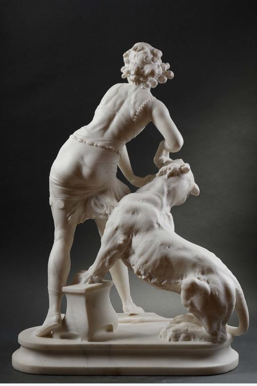 独角鹿西洋古董意大利雕塑家Alfredo Morelli签名创作装饰艺术风格人物主题卡拉拉大理石雕塑作品《驯虎女神》 商品图2