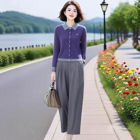 韩版女装日常通勤撞色翻领针织开衫松紧腰显瘦九分裤气质套装春秋