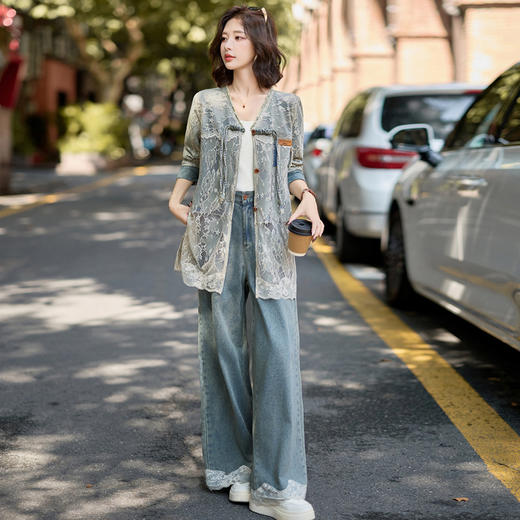 HR XPH5898韩系蕾丝拼接牛仔套装阔腿两件套 商品图0