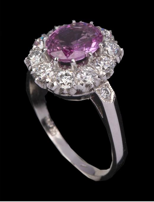 独角鹿西洋古董欧洲出品玛格丽特款花叶造型铂金镶嵌粉色蓝宝石及钻石戒指 商品图2