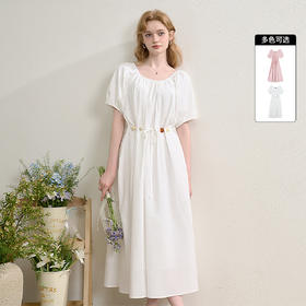 桃花拂面温柔气质泡泡袖连衣裙女春夏彩色串珠收腰长裙V0850570