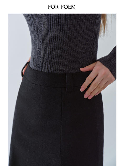 ForPoem 现货 25/FW原创设计中腰微喇工字褶黑色羊毛中裙半身裙 商品图2