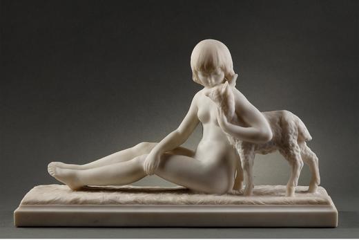 独角鹿西洋古董法国雕塑家Albert Patrisse签名创作卡拉拉大理石雕塑作品《孩童与羔羊》 商品图0